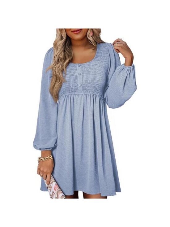 Tops - Womens 2025 Casual Dress Smocked Crewneck Button Up Long Sleeve Empire Sky Blue